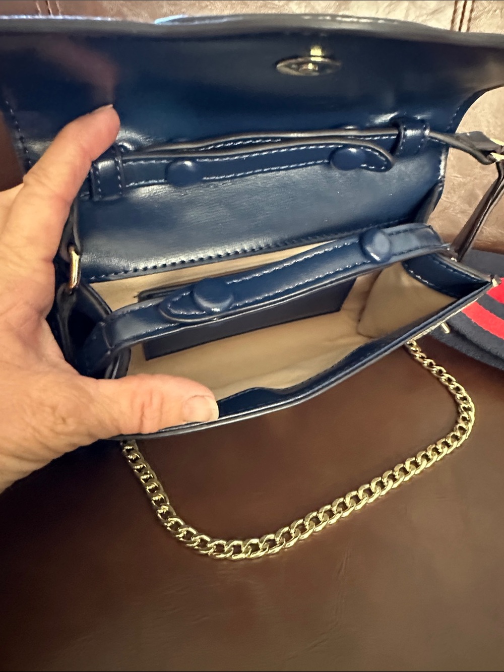Beige and Navy Crossbody with Red-Blue Strap - Picture 3 of 5